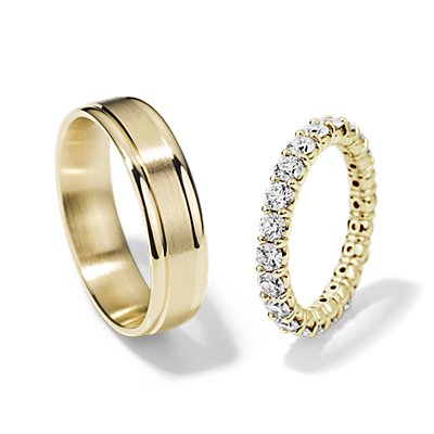 Classic Diamond Eternity and Ridged Wedding Ring Set in 14k Yellow Gold