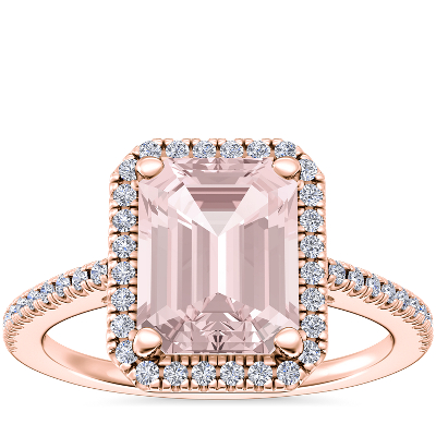Classic Halo Diamond Engagement Ring with Emerald-Cut Morganite in 14k ...