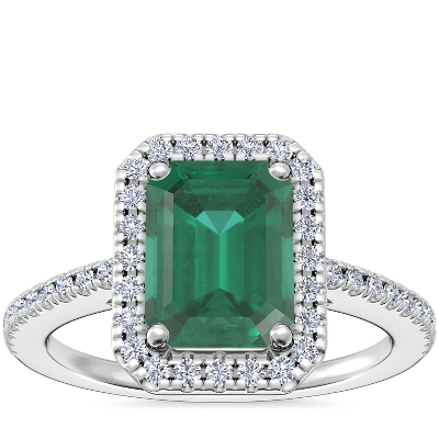 Classic Halo Diamond Engagement Ring with EmeraldCut Emerald in 14k White Gold (8x6mm) Blue