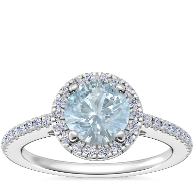 Classic Halo Diamond Engagement Ring with Round Aquamarine in 14k White ...