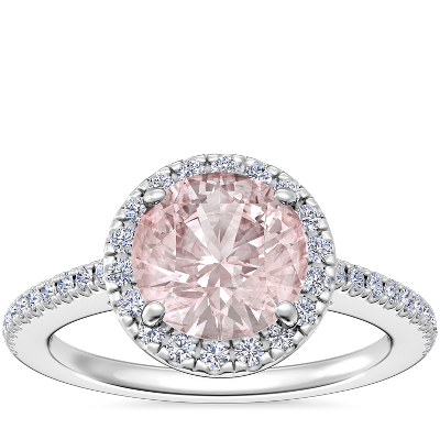 Classic Halo Diamond Engagement Ring with Round Morganite in 14k White Gold (8mm)