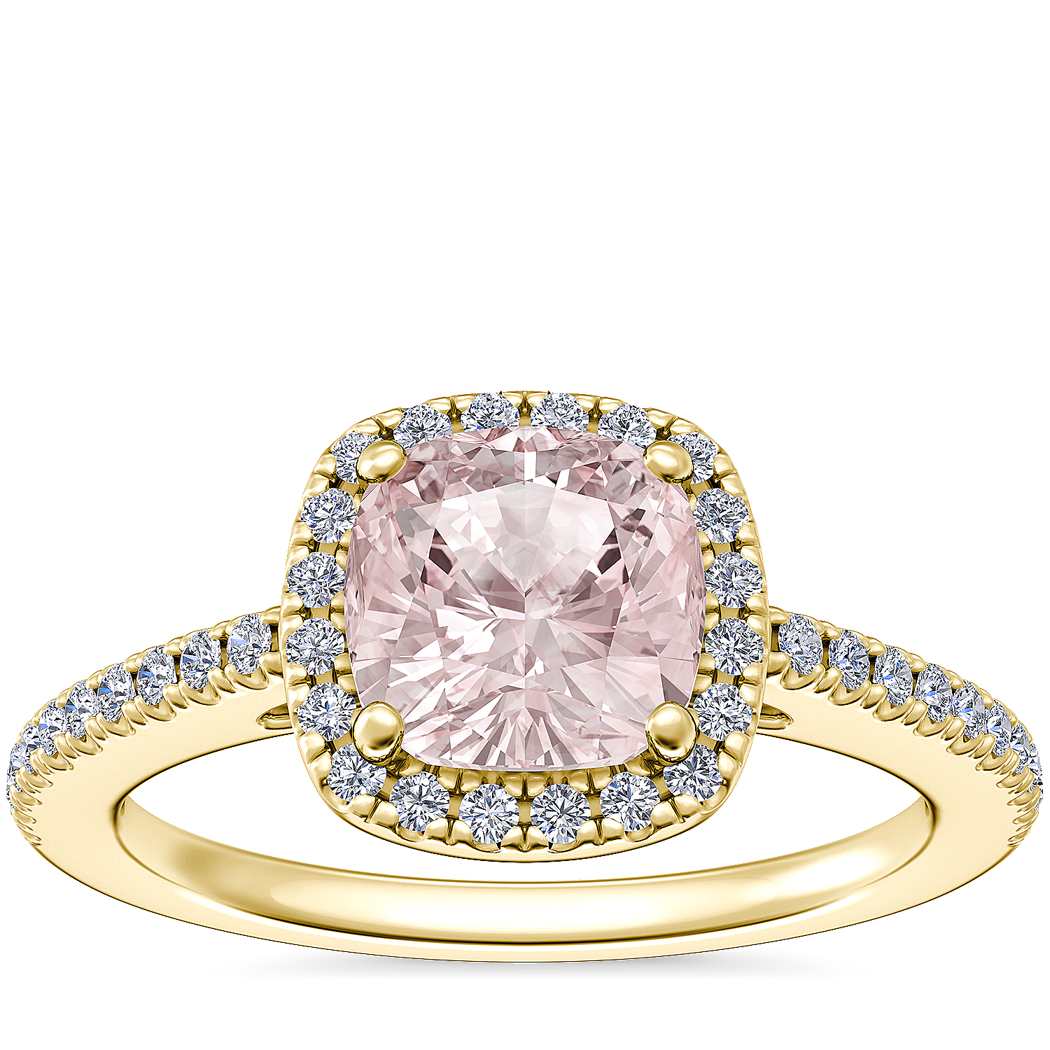 Classic Halo Diamond Engagement Ring with Cushion Morganite in 14k Yellow Gold (6.5mm)