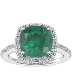 NEW Classic Halo Diamond Engagement Ring with Cushion Emerald in Platinum (8mm)