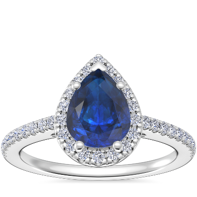 Classic Halo Diamond Engagement Ring With Pear Shaped Sapphire In