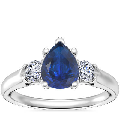 Classic Three Stone Engagement Ring with PearShaped Sapphire in 18k White Gold (8x6mm) Blue