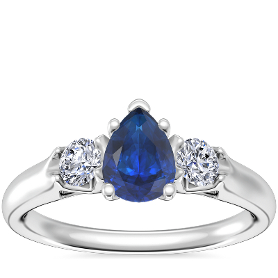 Classic Three Stone Engagement Ring with Pear-Shaped Sapphire in ...