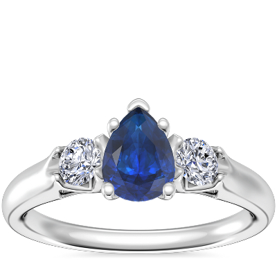 Classic Three Stone Engagement Ring with PearShaped Sapphire in Platinum (7x5mm) Blue Nile CN