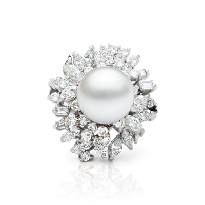 Estate Vintage Akoya Pearl & Diamond Ring in 14k White Gold (2.88 ct ...