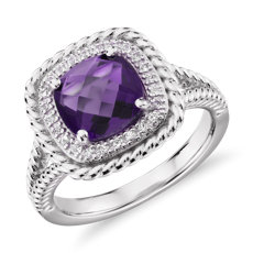 925 纯银 Corda 垫形切割紫水晶光环戒指（8 毫米） 