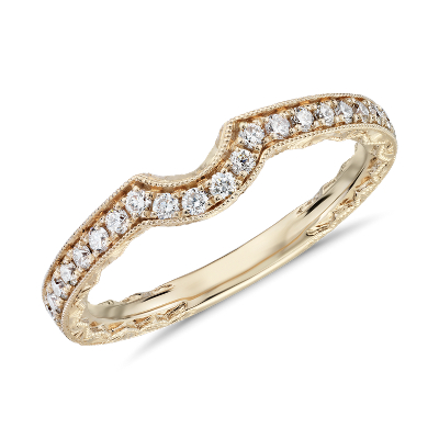 Curved Diamond and Milgrain Engraved Profile Wedding Ring in 14k Yellow