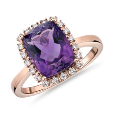 14k 玫瑰金垫形切割紫水晶与钻石光环戒指（10x8 毫米） 