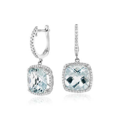 Cushion Cut Aquamarine and Diamond Halo Drop Earrings in 14k White Gold