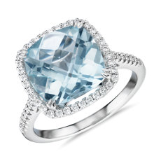 14k 白金垫形切割海蓝宝石与钻石光环戒指（10.5 毫米）