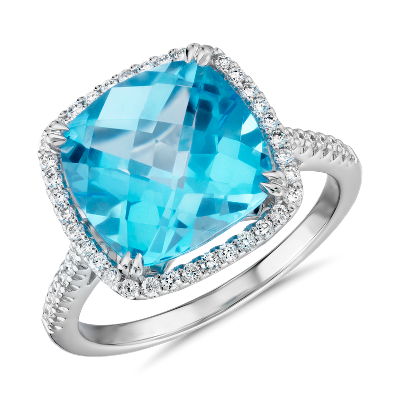 Cushion Cut Swiss Blue Topaz Diamond Halo Cocktail Ring in 14k White ...