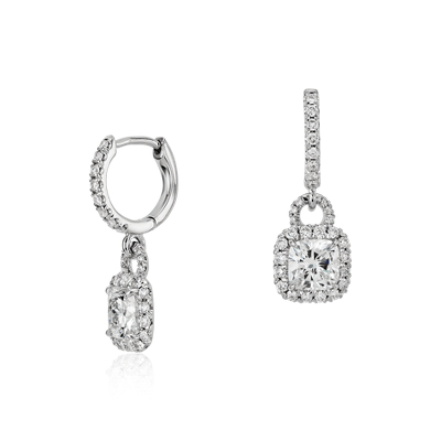 Cushion-Cut Diamond Halo Dangle Earrings in 18k White Gold (1.50 ct. tw ...