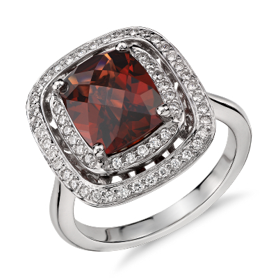 Garnet And Diamond Double Row Halo Cushion Cut Ring In 14k White Gold