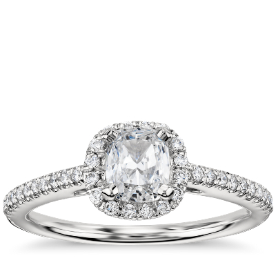 0 94ct Cushion Cut Halo Diamond Engagement Ring In 14k White Gold