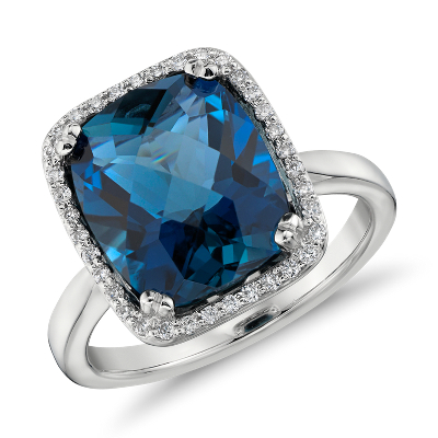  London  Blue  Topaz  and Diamond Halo Cushion  Cut  Ring  in 14k 