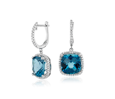 topaz earrings diamond london halo cushion drop cut 9mm 14k gold bluenile
