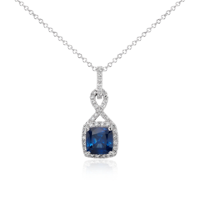 Cushion Cut Sapphire And Diamond Halo Twist Pendant In 18k White