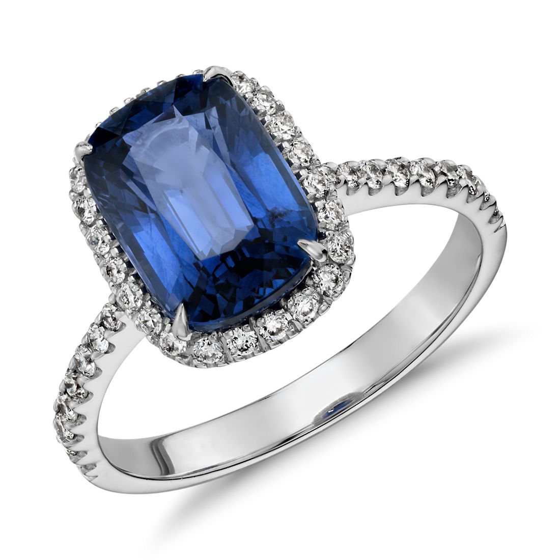Cushion Cut Sapphire and Diamond Halo Ring in 18k White Cushion Cut Sapphire and Diamond Halo Ring in 18k White