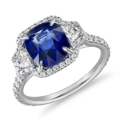 Cushion-Cut Sapphire Ring with Diamond Trapezoid Sidestones in 18k ...