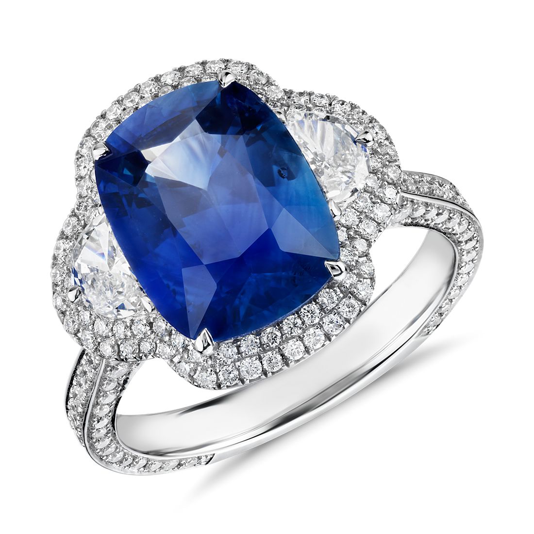 Cushion-Cut Sapphire and Diamond Crown Halo Ring in 18k White Gold ...