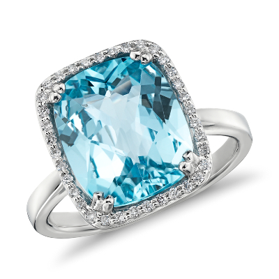 Sky Blue Topaz and Diamond Halo Cushion-Cut Ring in 14k White Gold ...