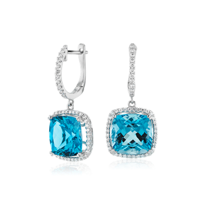 Cushion Cut Swiss Blue Topaz and Diamond Halo Drop