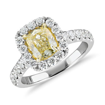 Cushion Cut Yellow Diamond Halo Ring In 18k White Gold 1 56 Ct
