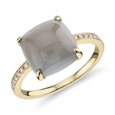 Cushion Cut Gray Moonstone Cabochon Ring with Diamond Sidestones in 14k Yellow Gold (10mm)