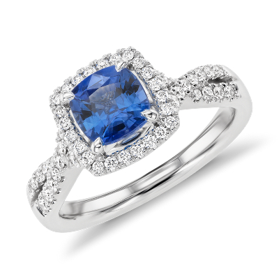 Cushion-Cut Sapphire Diamond Halo Twist Engagement Ring in 14k White ...
