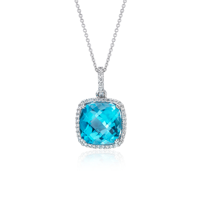 Cushion Cut Swiss Blue Topaz and Diamond Halo Pendant in