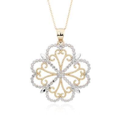 Filigree Clover Pendant in 14k White and Yellow Gold