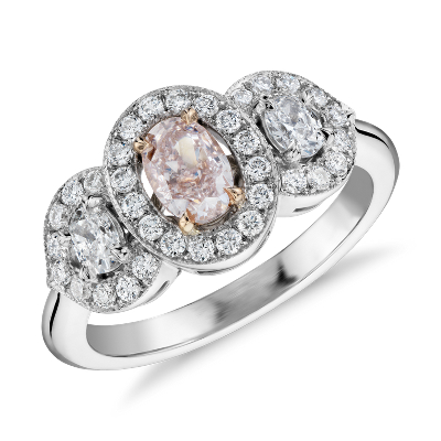 ring diamond halo rose 18k stone three platinum pink fancy rings bluenile center ct diamonds jewelry round engagement colored oval