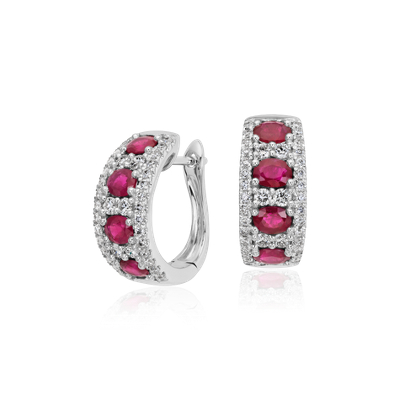 Ruby and Diamond Hoop Earring in 14k White Gold (4x3mm) | Blue Nile