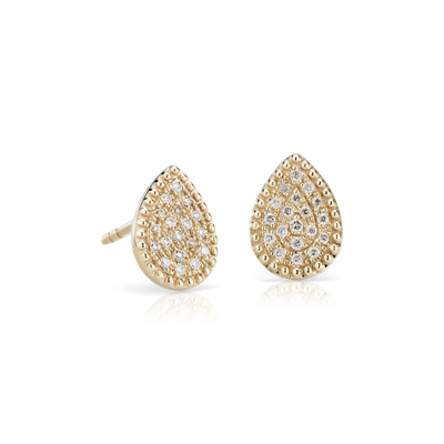 Petite PavÃ© Diamond Pear Shape Stud Earrings in 14k Yellow