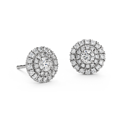 Double Halo Diamond Stud Earrings In 18k White Gold 3 4 Ct Tw