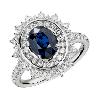 Oval Sapphire Ring With Double Diamond Sunburst Halo In 14k White