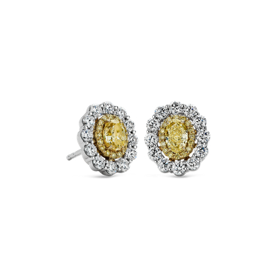 Double Halo Yellow And White Diamond Stud Earrings In 18k Yellow