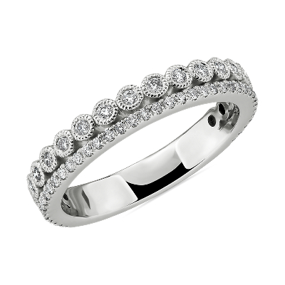 Double Row Pavé and Milgrain Bezel Diamond Wedding Ring in 14k White ...