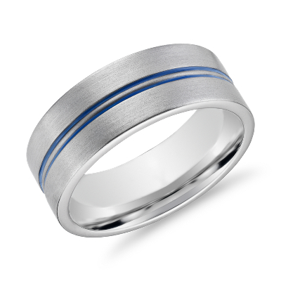 Dual Channel Blue Engraved Wedding Band In 14k White Gold 8mm