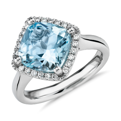 East-West Swiss Blue Topaz Diamond Halo Ring in 14k White Gold (9mm ...