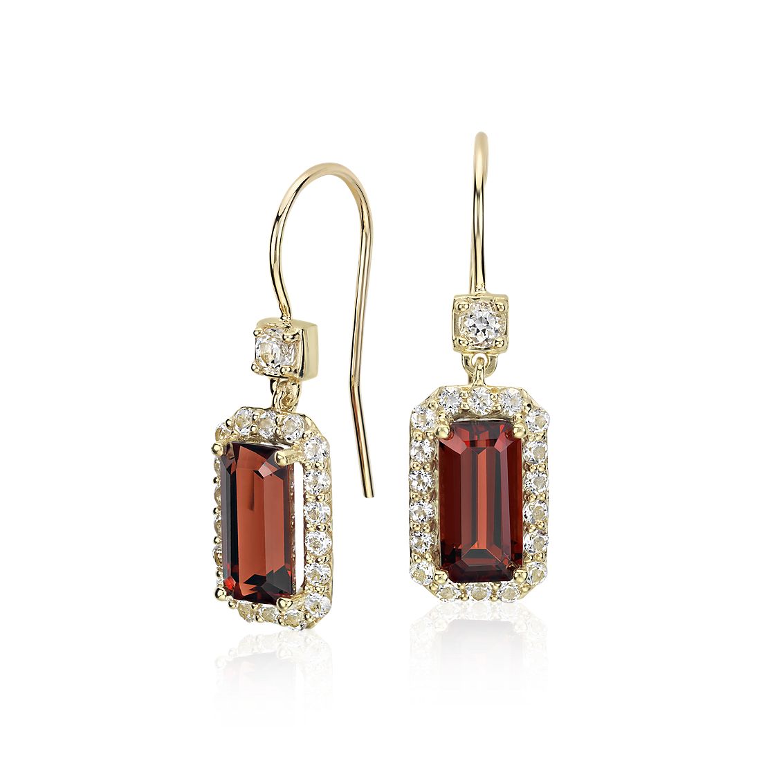 Aretes colgantes con halo de granate East-West de Robert Leser en oro amarillo de 14 k de (9 x 4,5 mm)