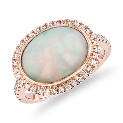 East-West Oval Opal Ring with Diamond Halo and Sidestones in 18k Rose