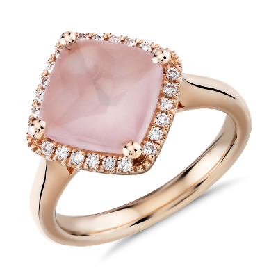 East West Rose Quartz Ring With Diamond Halo In 14k Rose Gold 9mm