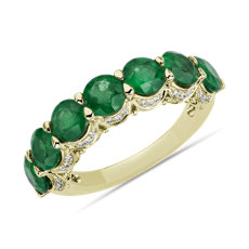 新款 14k 黃金綠寶石形七石與隱藏鑽石光環戒指