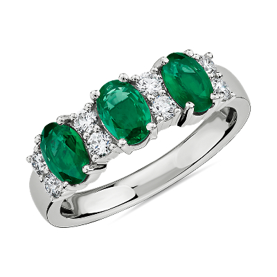 Emerald and Diamond ThreeStone Ring in 14k White Gold Blue Nile UK