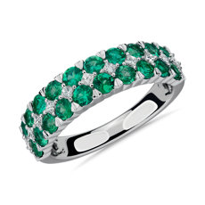 14k 白金雙排綠寶石與鑽石戒指