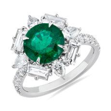 新款 18k 白金綠寶石與鑽石光環戒指 （1.62 克拉總重量）